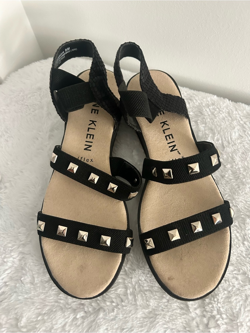 Anne Klein Black Studded Elastic Strap Sandals